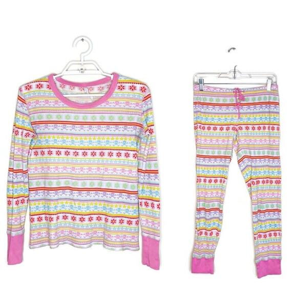 Vtg VICTORIA'S SECRET Women's Rainbow Skull Fair Isle Thermal Pajamas Y2K Sz S - Picture 1 of 10